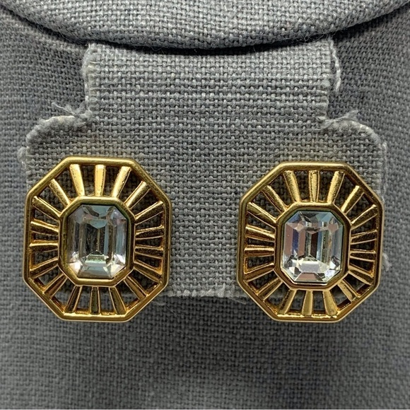 Vintage Monet Gold Tone Rectangular Framed Large Stud Earrings Clear Rhinestone - Picture 1 of 11